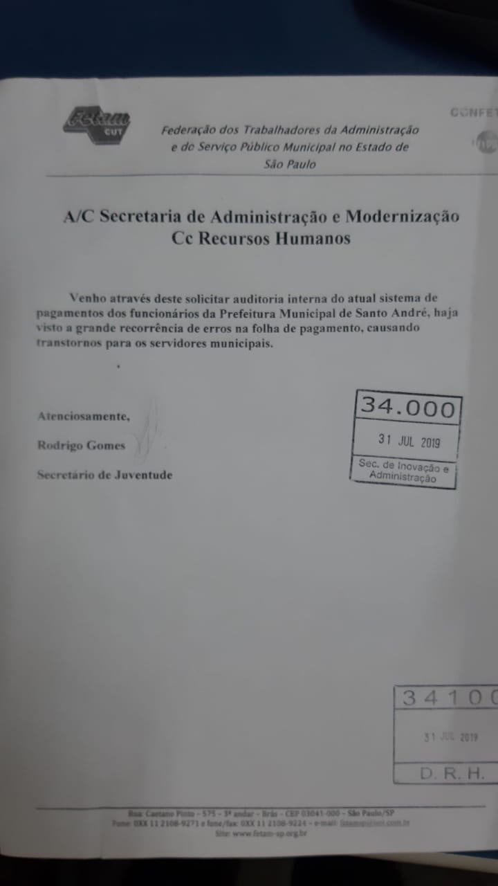 Imagem de Sindserv Santo André solicita à Administração auditoria nos pagamentos dos servidores andreenses