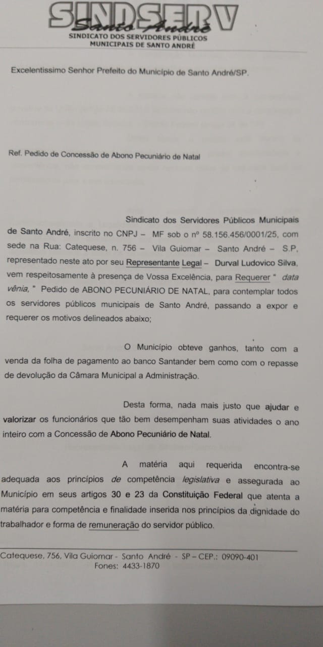 Imagem de Prefeitura tem dinheiro extra em caixa e Sindserv Santo André cobra abono de Natal para todos os servidores