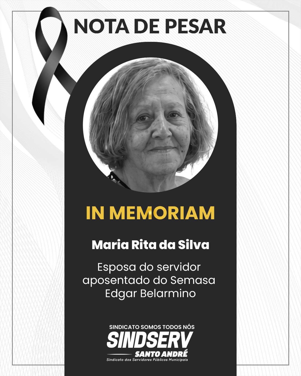Imagem de Sindserv Santo André lamenta falecimento de Maria Rita da Silva, esposa do servidor Edgar Belarmino