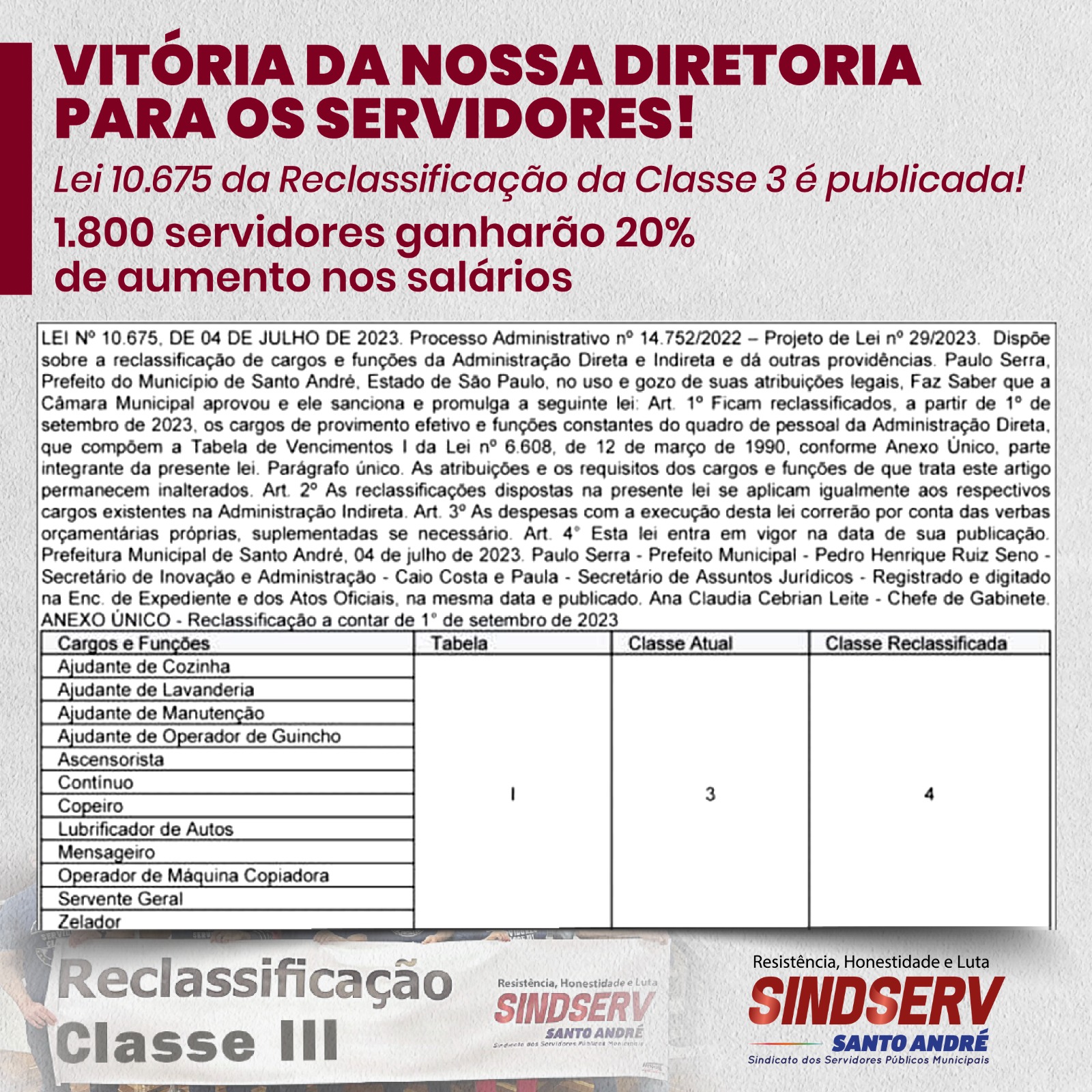 Imagem de Vitória da nossa Diretoria para Servidores: Lei 10.675 da Reclassificação da Classe 3 é publicada!