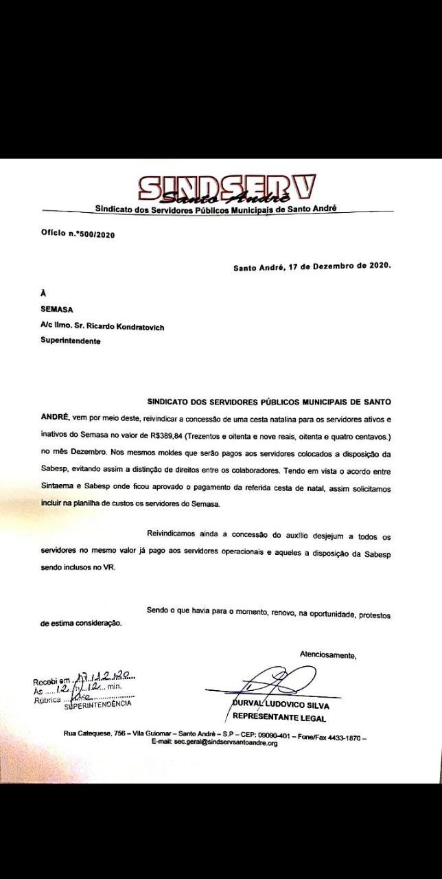 Imagem de Sindserv Santo André pede ao SEMASA equiparação de benefícios concedidos pela Sabesp