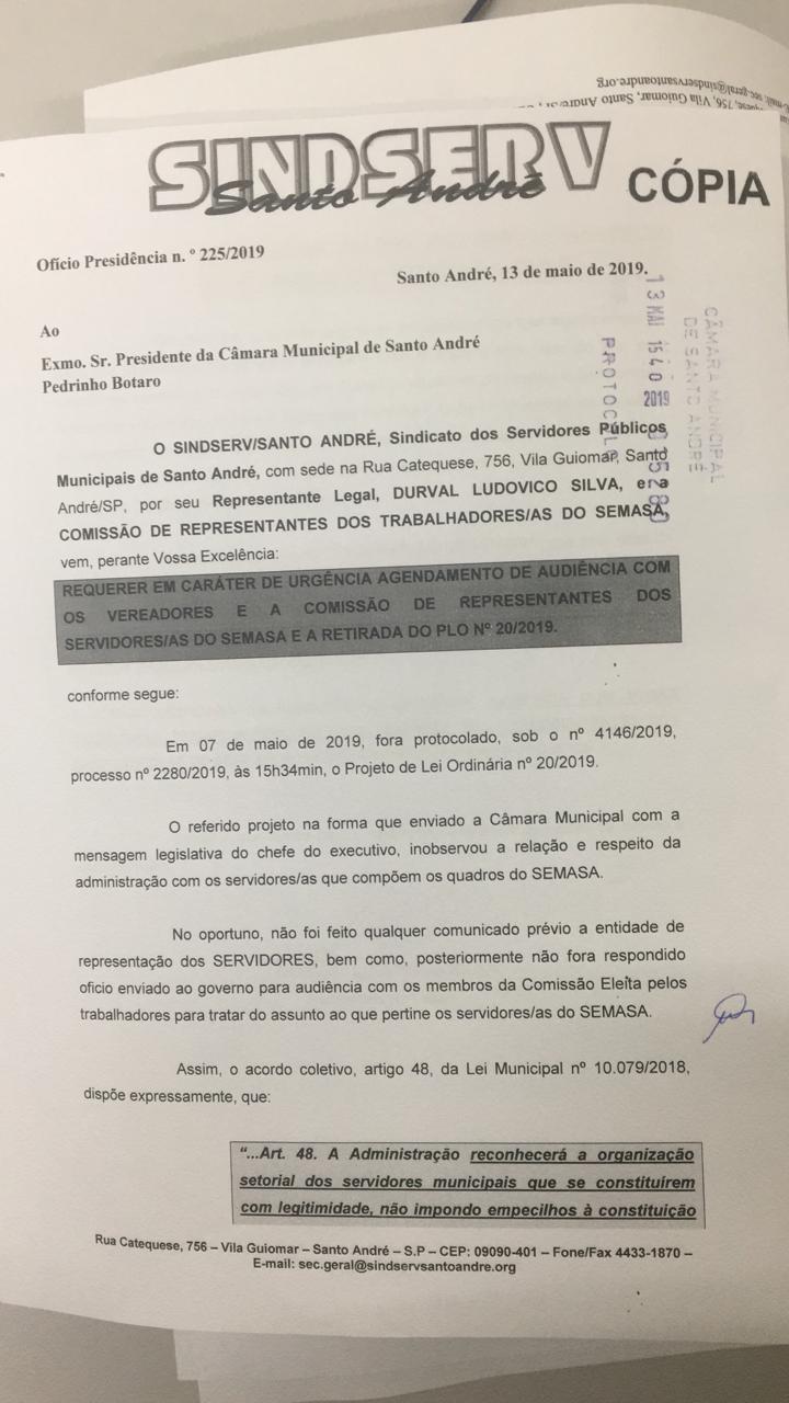 Imagem de Não à entrega do Semasa: Sindserv Santo André protocola requerimentos à Câmara e o Prefeito exigindo retirada do PL20/2019
