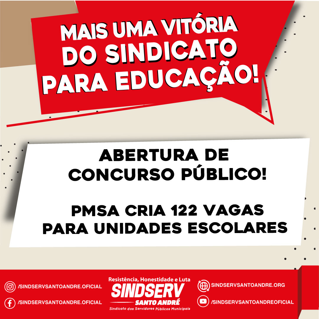 Imagem de Mais uma conquista do Sindserv: PMSA abre concurso público para 122 vagas na Educação 