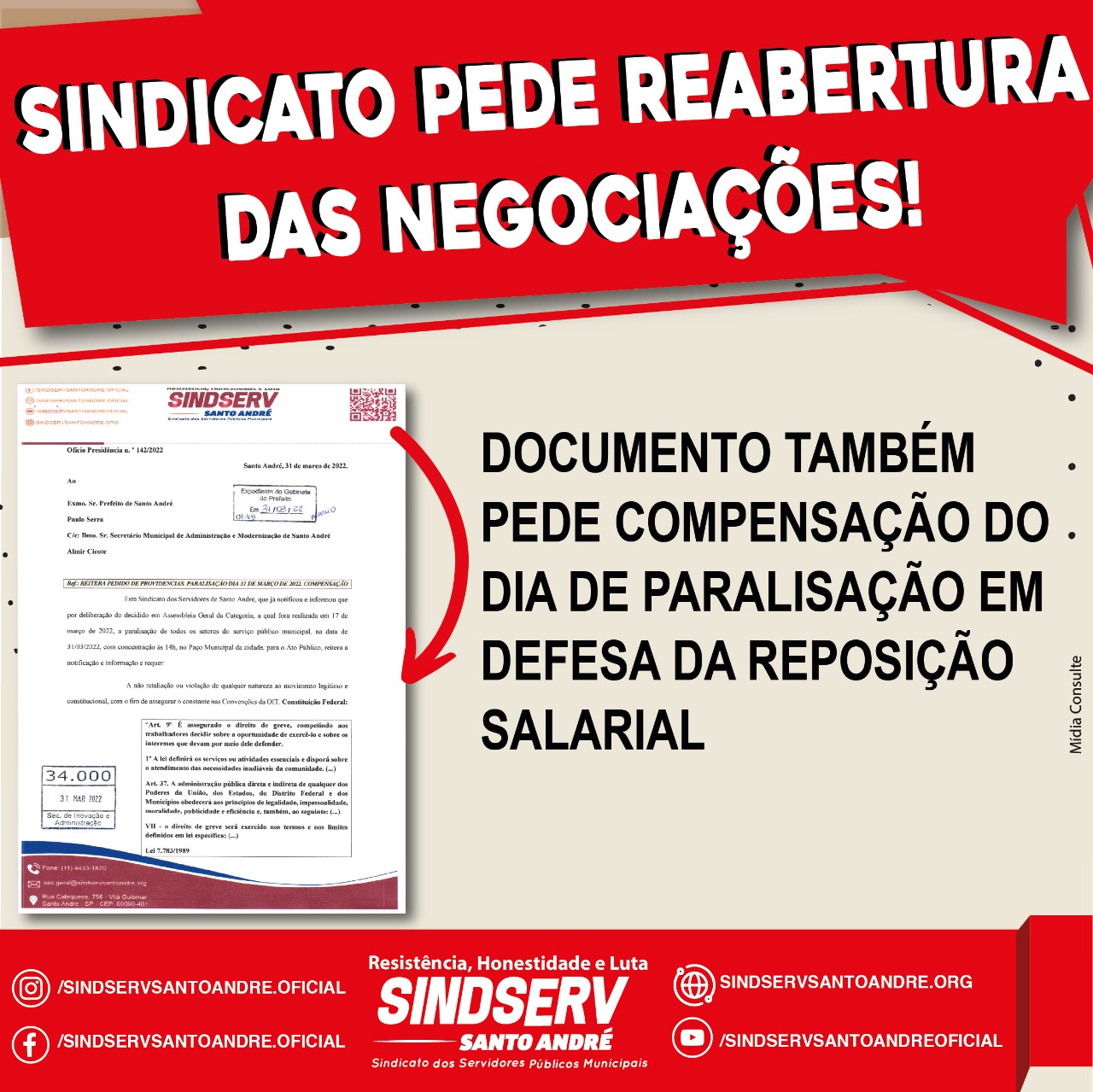 Imagem de Sindserv protocola pedido de reabertura e de compensação do dia de paralisação