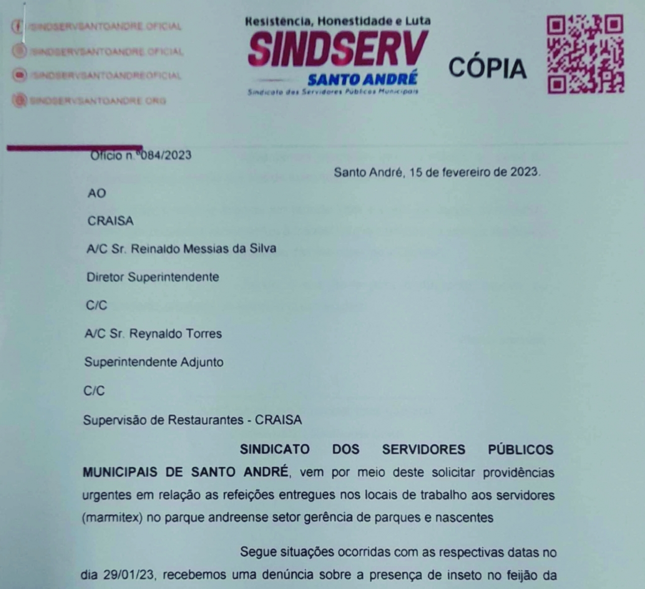 Imagem de Sindicato cobra providências da CRAISA sobre refeição dos servidores 