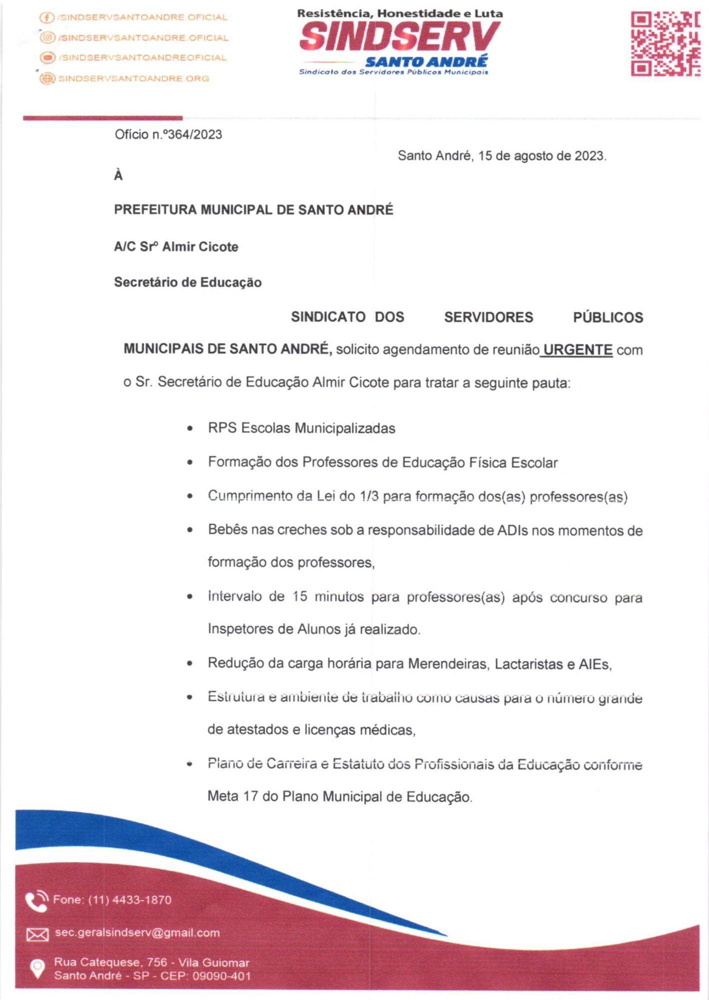 Imagem de Sindserv Santo André pede reunião urgente com Cicote para tratar pautas da Educação