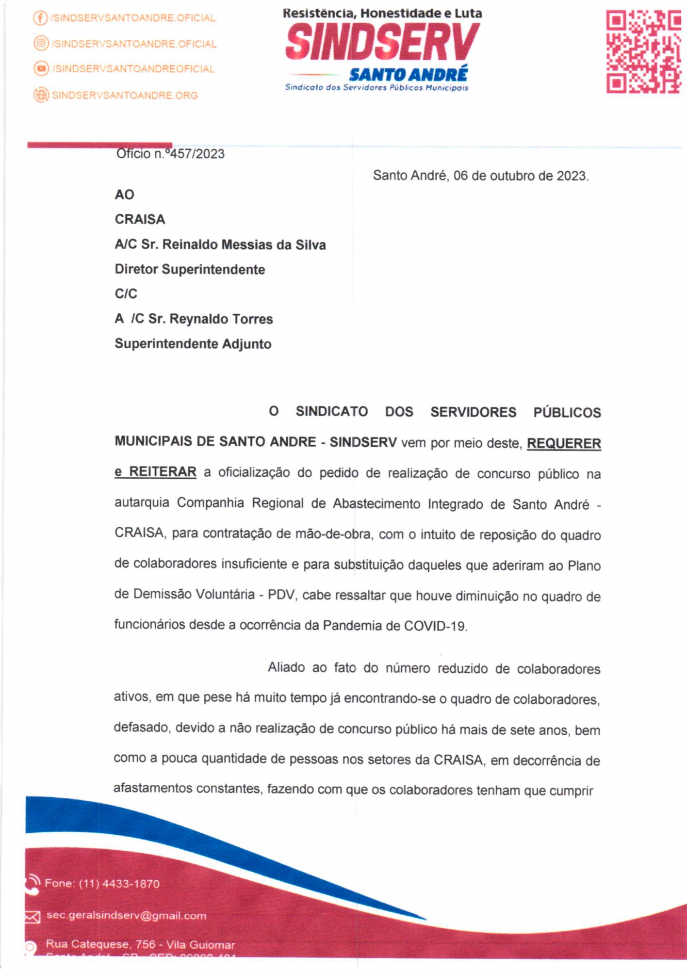 Imagem de Sindserv solicita abertura urgente de concurso público na CRAISA  